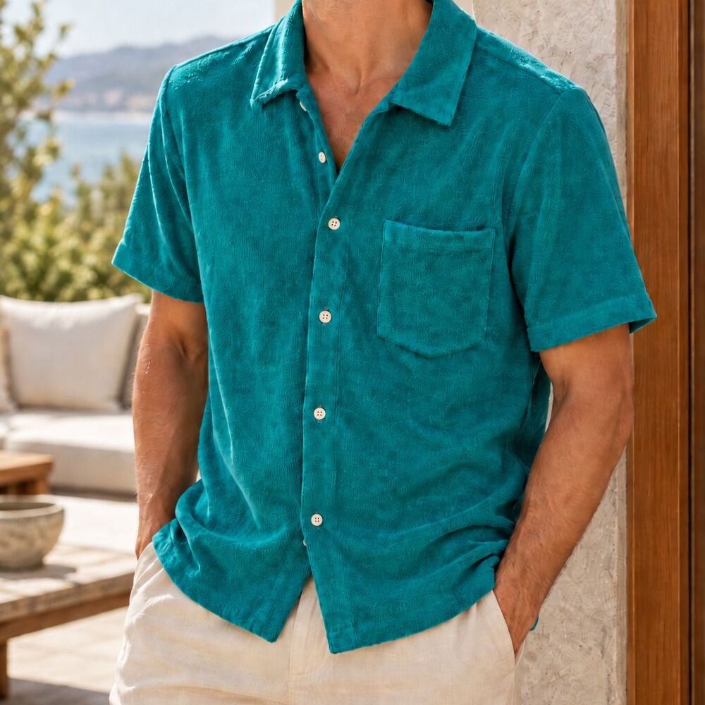 Criquet Terrycloth Buttondown Men's Shirt Collared Short Sleeves Solid M 291712